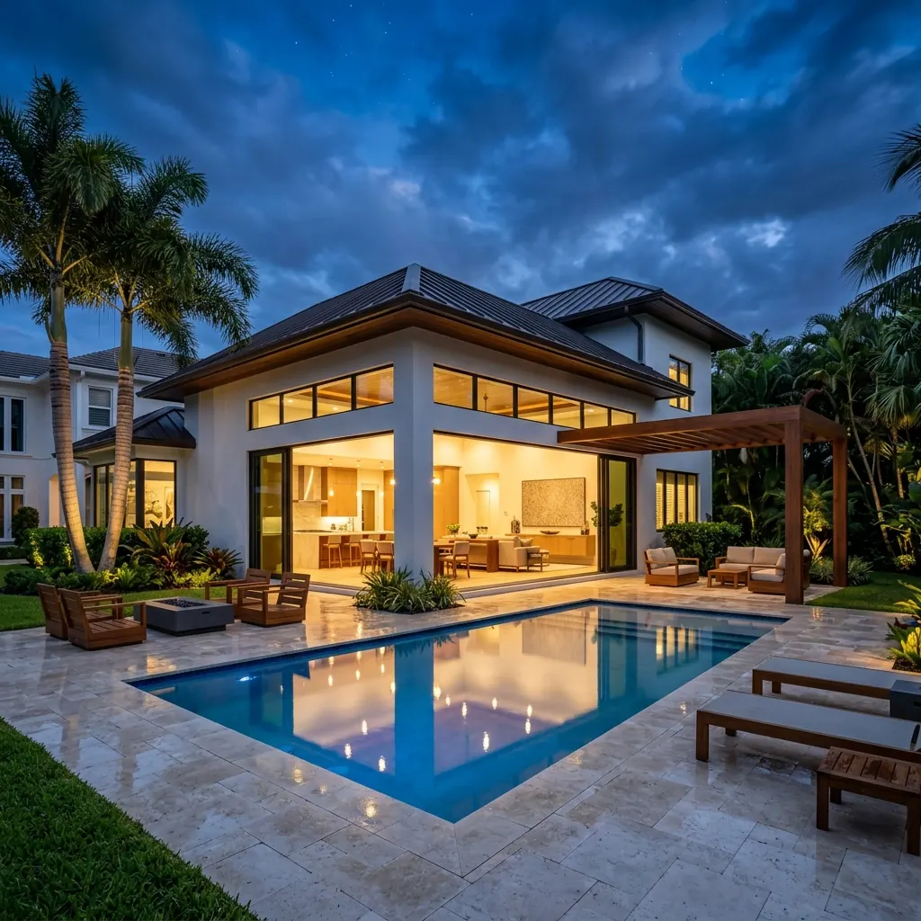 Stunning twilight architectural photography of a luxury indoor-outdoor living extension with swimming pool in Boynton Beach