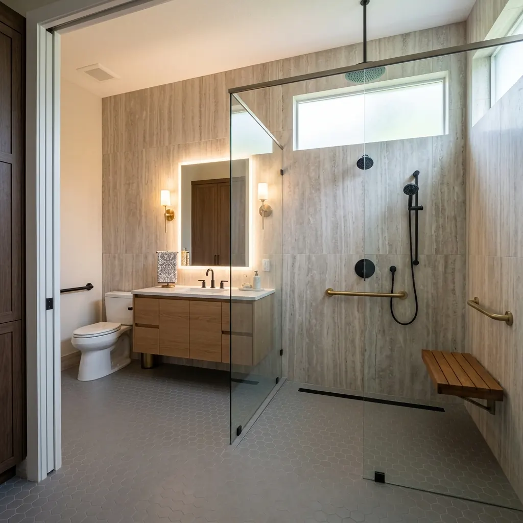 Highly realistic luxury aging-in-place bathroom remodel in Valencia Lakes, Boynton Beach