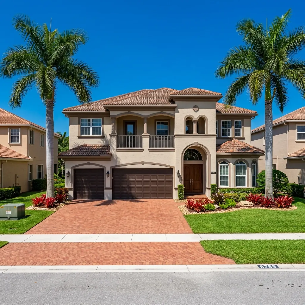 Upscale two-story family home in Canyon Lakes, Boynton Beach with manicured landscaping