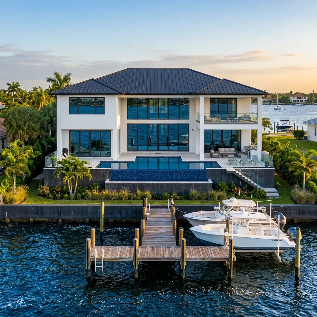 Luxury coastal home on elevated foundation along the Intracoastal Waterway in Boynton Beach