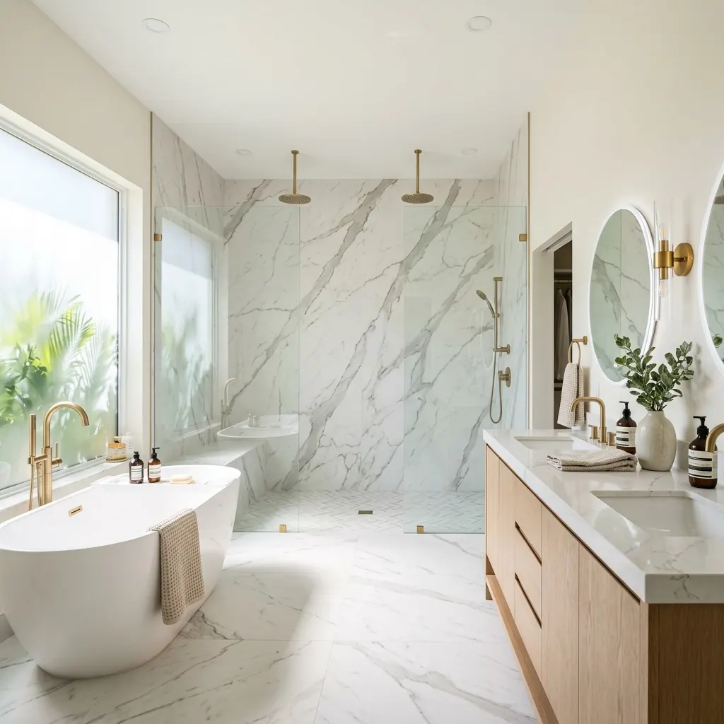 Modern curbless walk-in shower in a remodeled master bathroom in a 1980s Coral Springs home